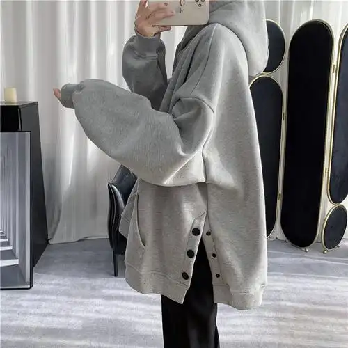 连帽卫衣男宽松百搭高街ins潮牌港风外套韩版潮流侧排扣上衣男女灰色