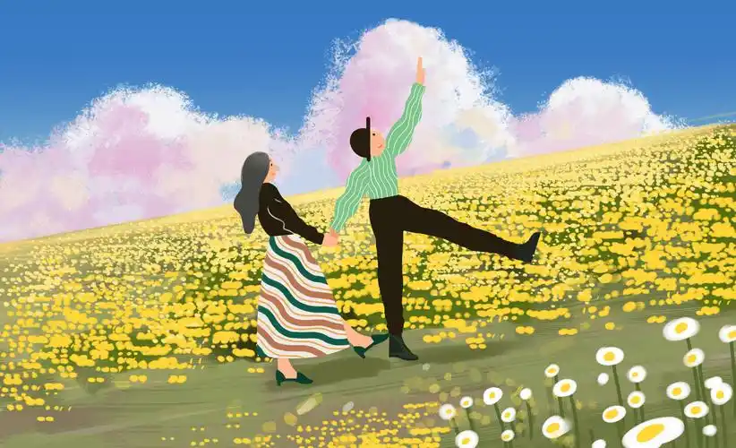 浪漫情侣户外踏青甜蜜爱情花丛漫步唯美插画