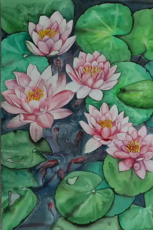 手绘壁纸,水彩睡莲@枕上溪山