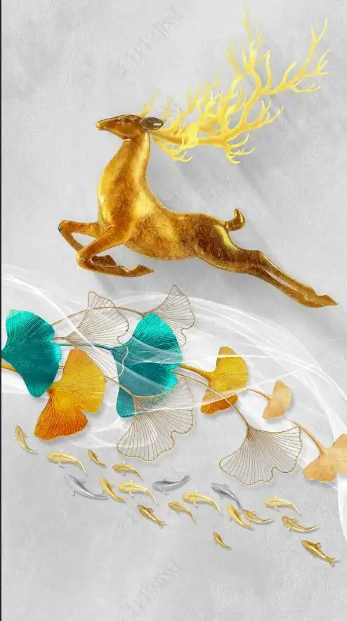 花纹图案新中式轻奢抽象线条银杏叶发财鹿晶瓷画花纹图案家居数码图案