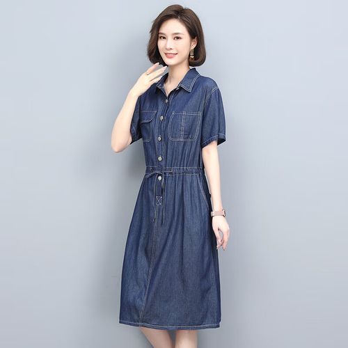 赛曼蝶纯棉软牛仔连衣裙中年女士短袖牛仔裙连衣裙夏季老妈宽松全棉