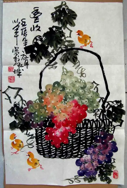 山东实力派画家四尺开三条幅葡萄画《丰收》-花鸟国画原作--au3951715