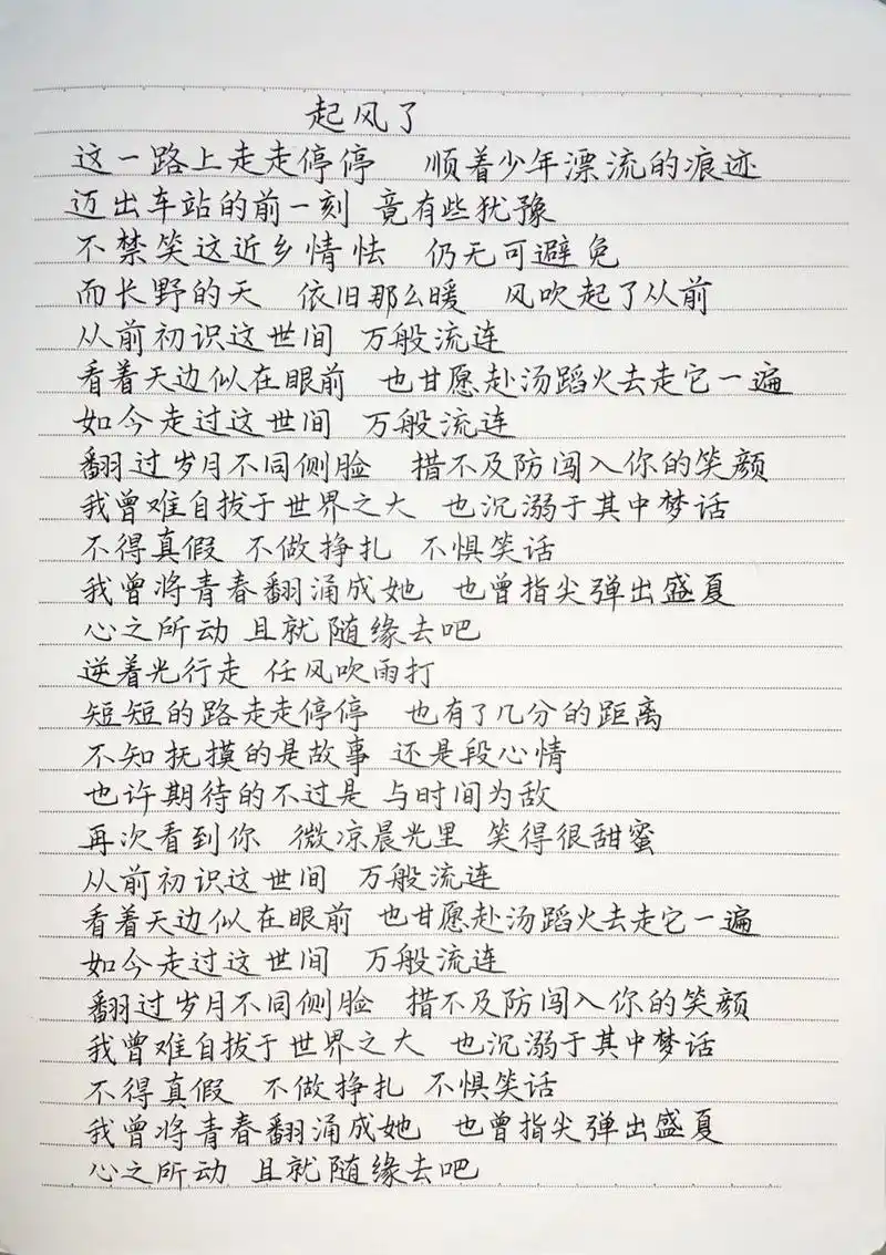 抄歌词:起风了    这一路上走走停停 顺着少年漂流的痕迹 迈出车站的