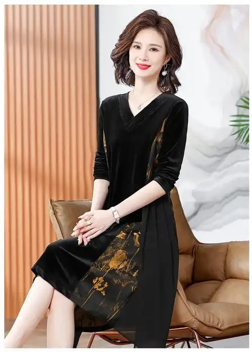 菁缦 中年妇女秋天穿的连衣长裙莲衣群孑春秋装长袖裙气质50岁过膝中