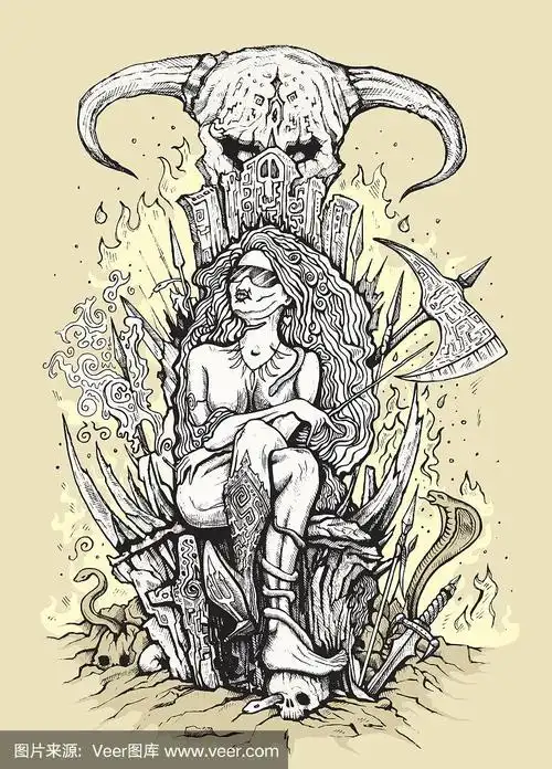 手绘的潮人女王坐在宝座上,骷髅在地狱里.矢量插图.
