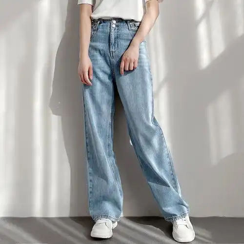 高阶 飒气阔腿裤 女士纯棉牛仔裤 高腰直筒长裤裤子 春秋款 女装
