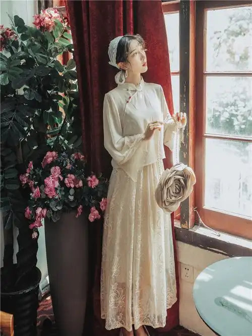 民国风小洋装名媛少女文艺复古仙女裙日常改良版倒大袖旗袍两件套