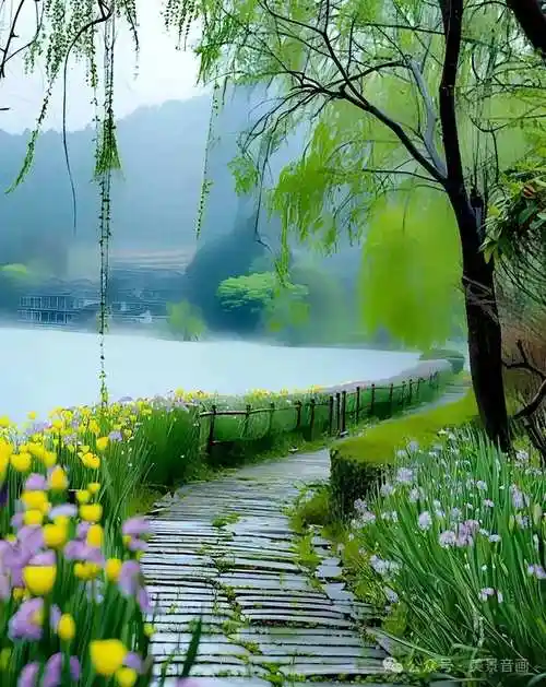 花儿盛开,点缀绿的海洋,阳光洒满大地,万物苏醒,生机勃勃而欢畅.