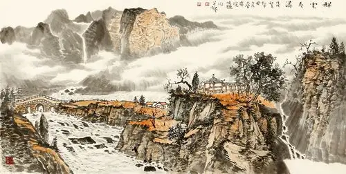 已售实力派画家李焕辉四尺横幅写意山水画作品祥云飞瀑