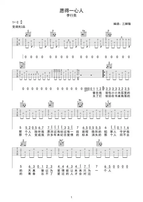 愿得一人心吉他谱李行亮c调_吉他谱_歌词曲谱