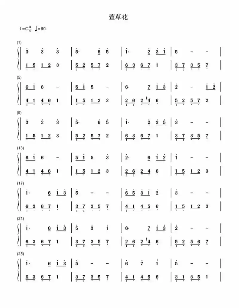 适合新手的93钢琴曲简谱分享 11566《萱草花》是由张小斐演唱的