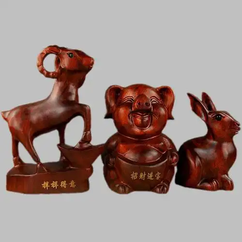 东阳木雕红木绿色实木招财福猪十二生肖木猪兔羊木雕