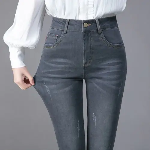 春天女士烟灰灰色牛仔裤弹力显瘦大码女裤春季牛仔裤