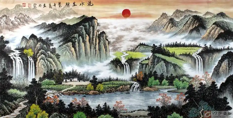 山水风景画国画风水画聚宝盆聚财山水画靠山招财字画源远流长,画八方
