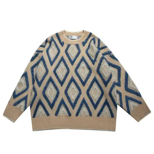 食着sezoo 港味复古菱形花纹毛衣女秋冬宽松韩版撞色针织衫上衣潮