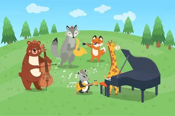 动物森林音乐会老虎松树河马长颈鹿手绘插画手绘卡通白色鸽子鸟动物