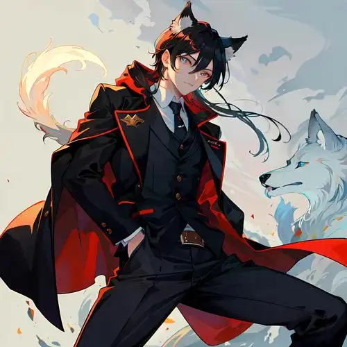 黑衣男孩,兽耳之帽,黑色披风,蓝眼钉领带,黑裤子,青年英姿展现,皮夹克