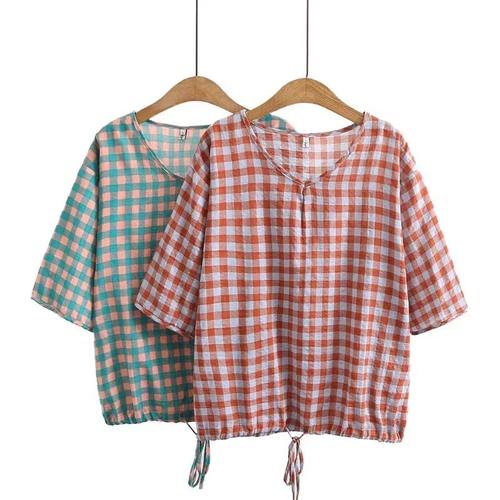 2024夏季加肥加大码女装200斤胖m南国蒂尼棉布短袖格子t恤衬衫219