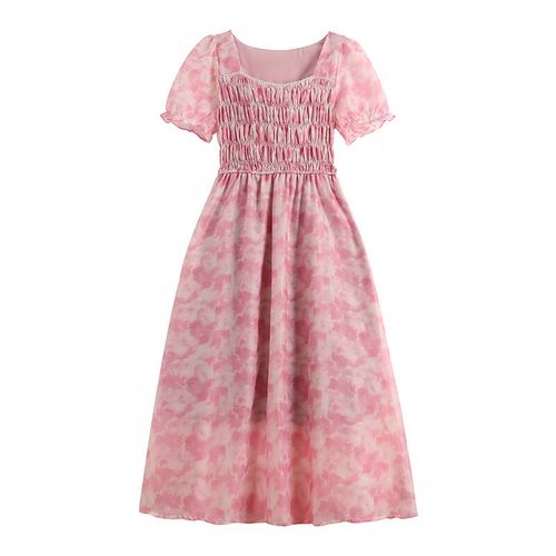 (gemizi)夏季新款方领珍珠褶皱泡泡袖甜美小清新印花长款连衣裙 粉色