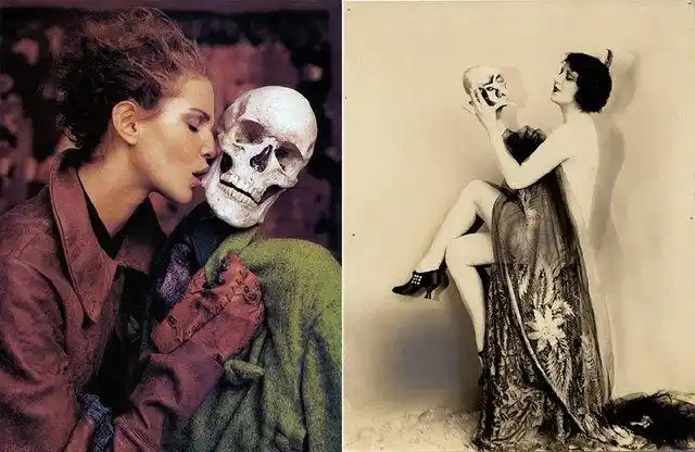 摄影时尚的轮回!百年前流行的美女和骷髅合影百年后再次流行!