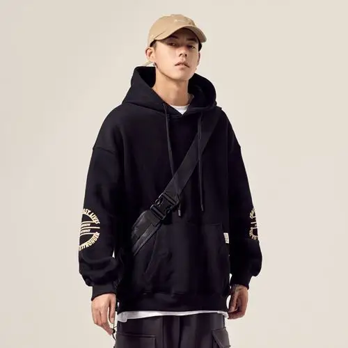 男道冬季加绒加厚连帽卫衣男潮街舞宽松袖子卫衣