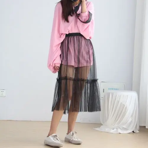 新款透明衬裙中长单层网纱半身鱼尾蕾丝透视半身裙