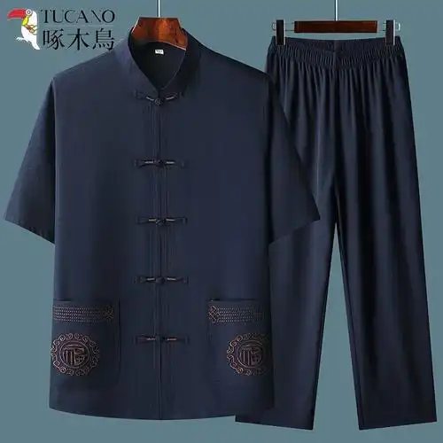 浅灰色 39码[建议100-120斤] 中老年唐装男士短袖套装中国风爸爸装