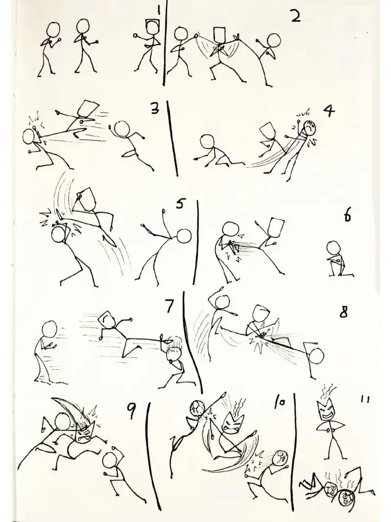 火柴人,对打,功夫,武术,创意儿童画        	 这次画个一对二,通过