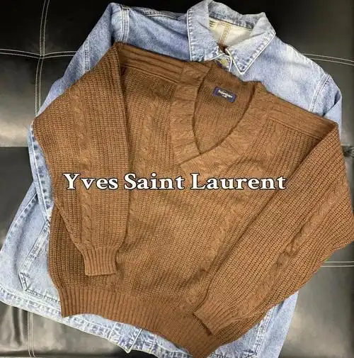 中古ysl复古橘棕杂色大v领毛衣
