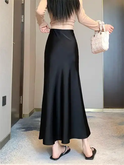 实拍~鱼尾裙半身裙女春季新款丝滑缎面垂感包臀中长款高腰a字裙 - 17