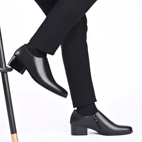 花花公子男士高跟鞋英伦商务正装皮鞋男发型师尖头鞋牛皮拉链男鞋黑色