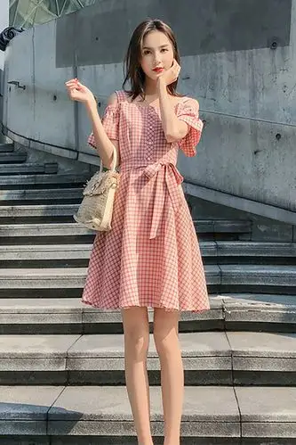 韩版小清新格子连衣裙女小个子夏季新款短袖露肩收腰显瘦吊带裙