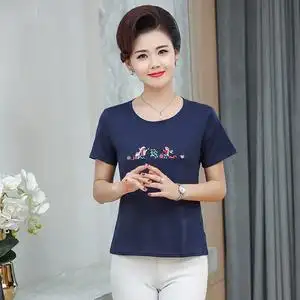 4050妈妈小衫夏装纯棉短袖t恤女中老年女装夏天纯棉棉宽松体恤衫