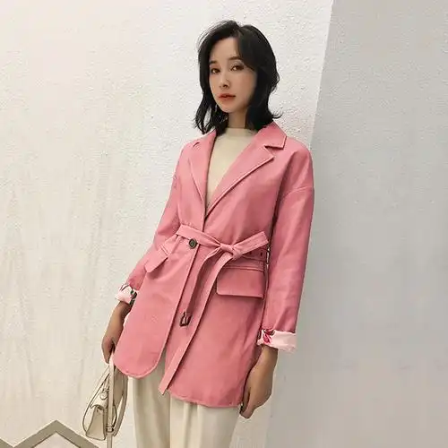 kc家 新款进口植鞣真皮皮衣女绵羊皮夹克西装外套粉色休闲显白