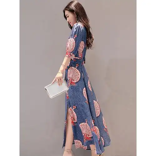 丝柏舍2018年秋装新款女装时尚简约款花色中长款连衣裙s81q0171l