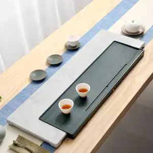简约轻奢家用大理石茶盘整块天然石头办公茶台乌金石排水茶托茶海