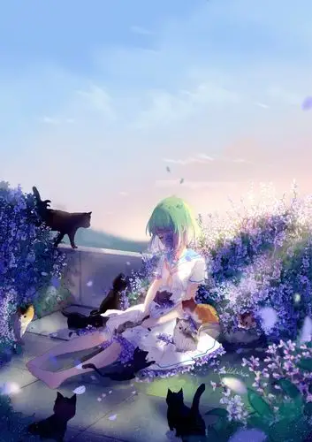 小女孩鲜花猫4k动漫手机壁纸竖屏