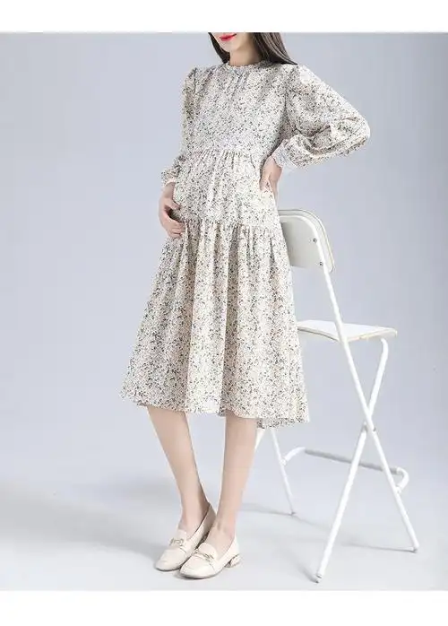孕妇连衣裙春秋2022新款时尚减龄洋气碎花长裙女早春哺乳宽松裙子