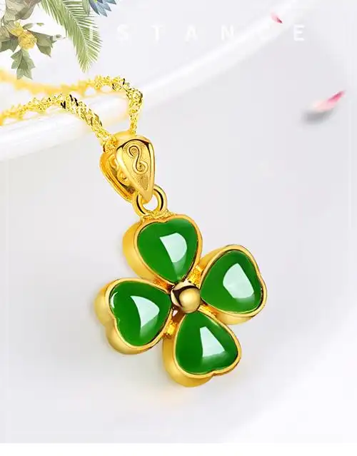 轻奢老鳯祥云款金镶玉幸运四叶草吊坠黄金镶嵌碧玉和田玉石项坠项链女