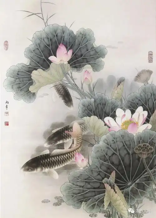 一组路雨年工笔,每一幅荷花鲤鱼都惊艳细腻