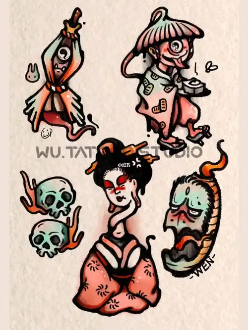 笔记灵感  #画画  #每日一画  #日式小图纹身  #百鬼夜行  #彩色