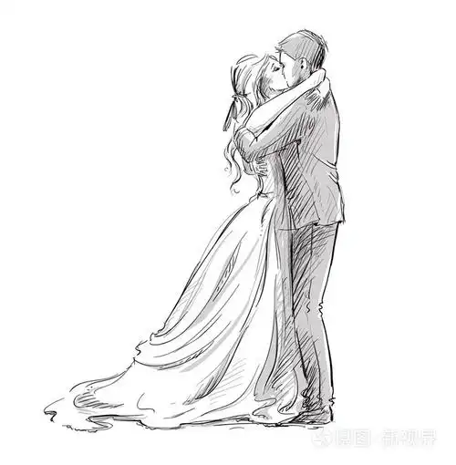 新婚夫妇吻新婚夫妇矢量速写