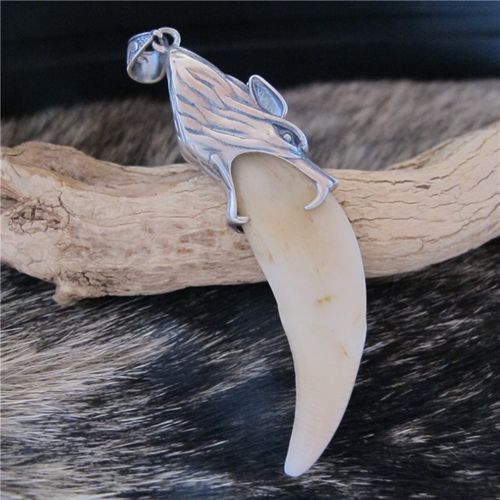 狼牙吊坠 手工镶嵌925银银托项链 男女情侣饰品藏獒牙狗牙包银套 烽火