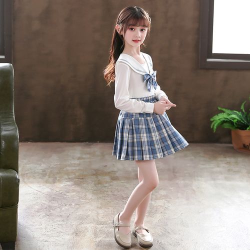 (今日10折)2021秋季女童jk校服裙日系学院风海军领蝴蝶结长袖百褶裙套