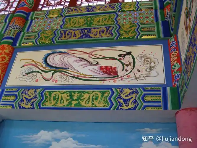 寺庙大雄宝殿和玺彩绘蓝天白云飞天壁画