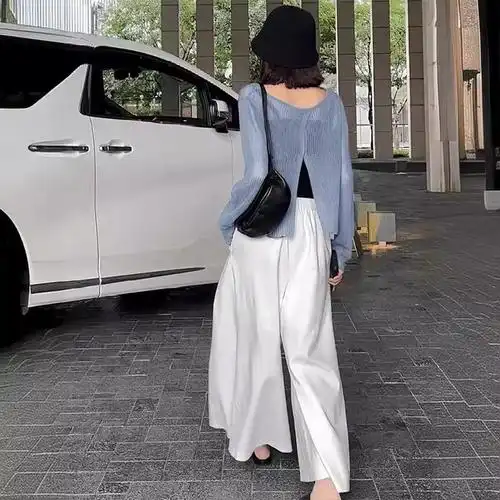 蓝色冰丝薄纱后背镂空开叉防晒罩衫女夏季外搭短款针织空调衫上衣