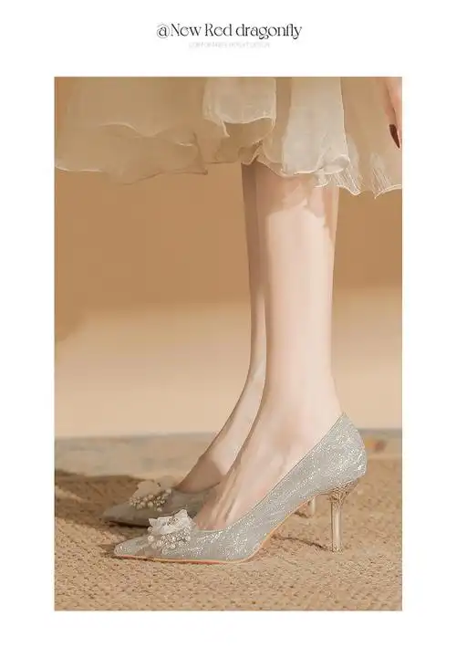 法式仙女风高跟鞋成人礼珍珠一字扣银色细闪亮片主婚纱婚鞋不累脚