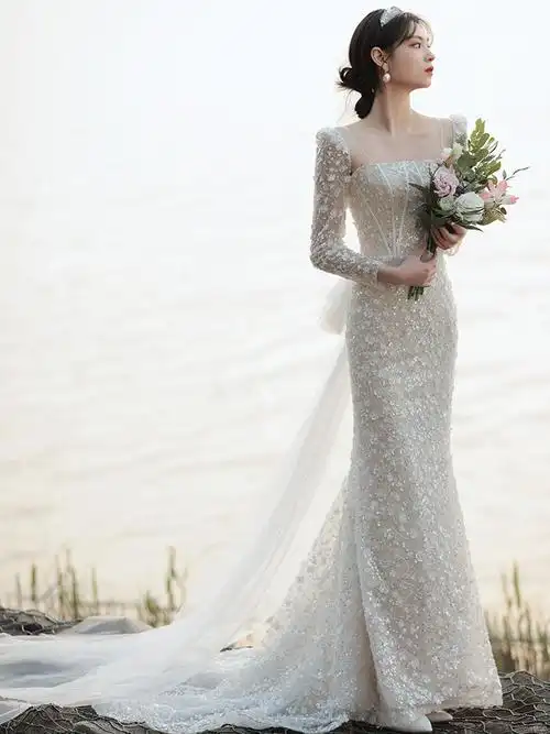 法式轻婚纱2022春季新款新娘气质简约公主风鱼尾结婚礼服裙