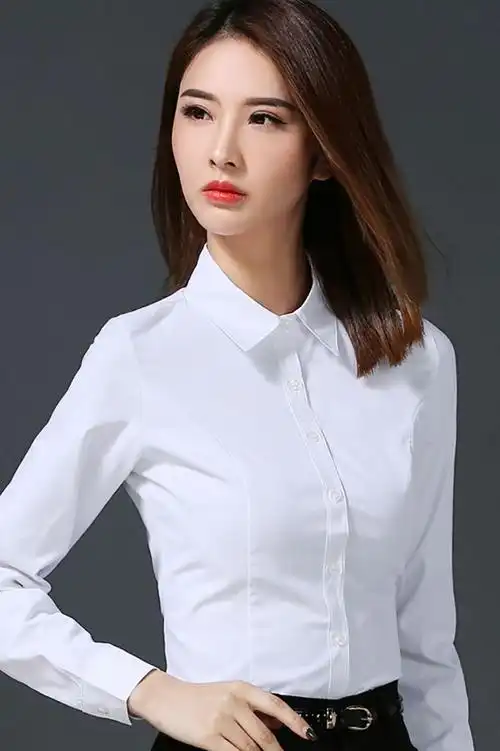 白衬衫女长袖职业衬衣工装v领修身韩范工作服正装大码纯色女ol