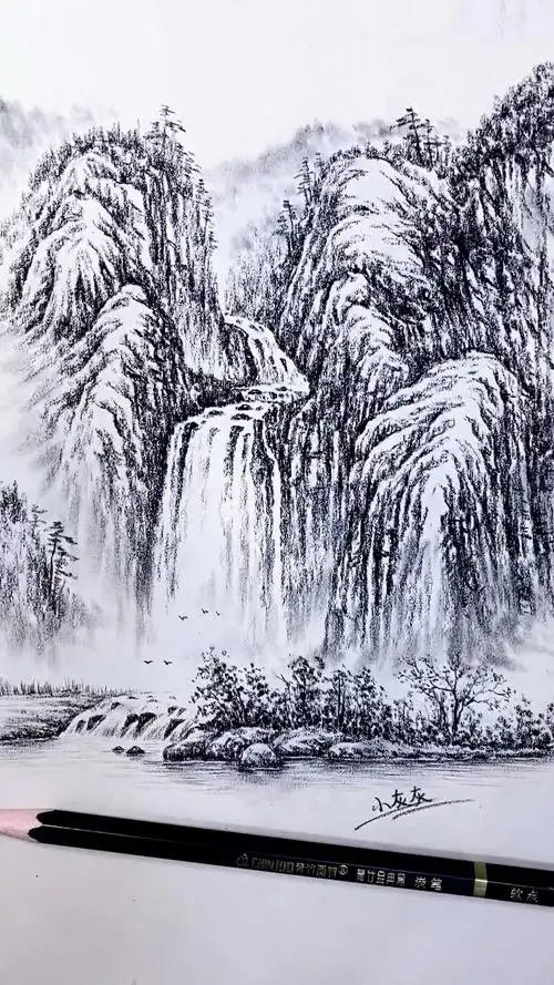 我要上热门#炭笔意境山水风景